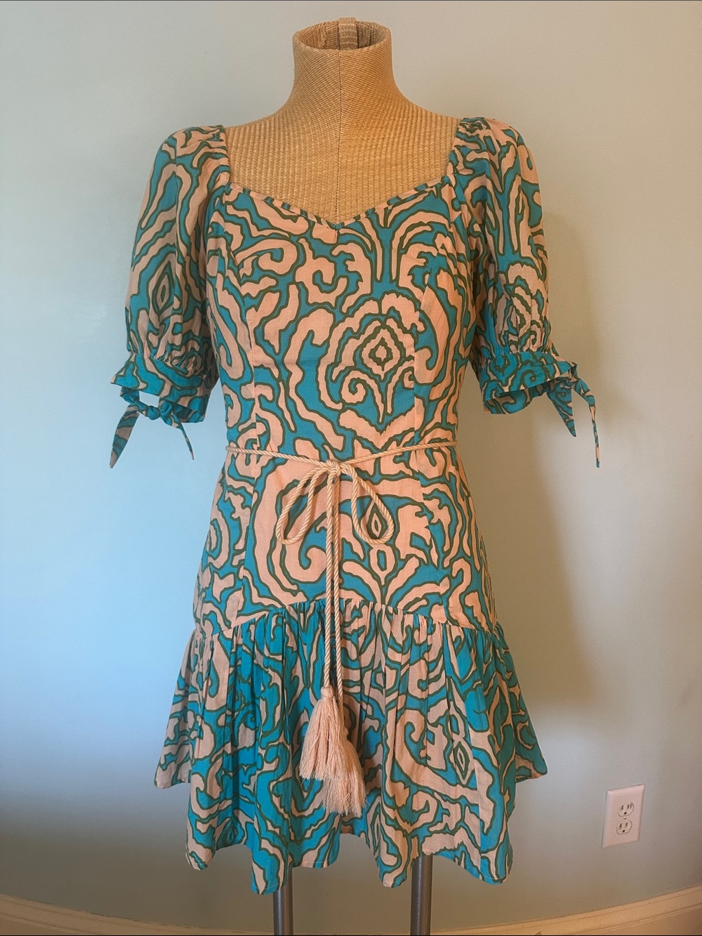 Anna Cate Teal & Peach Puff-Sleeve Mini Dress with Tassel Tie
